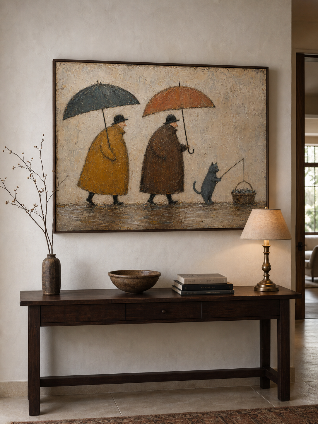 Whimsical Cat Fishing Canvas Art Umbrella Walk Vintage Rainy Oil Painting