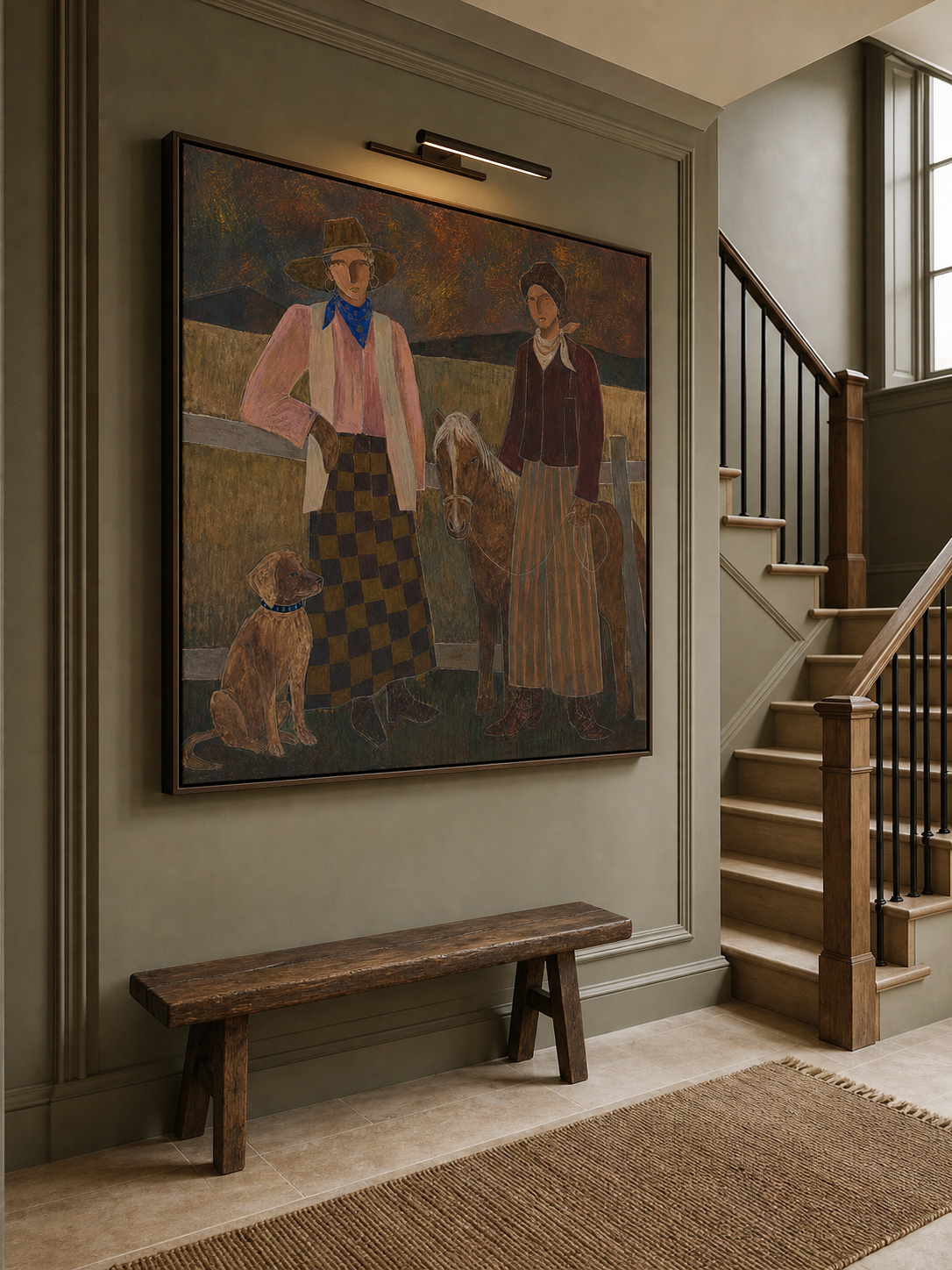 Vintage Western Art Painting With Horse And Dog For Rustic Home Decor
