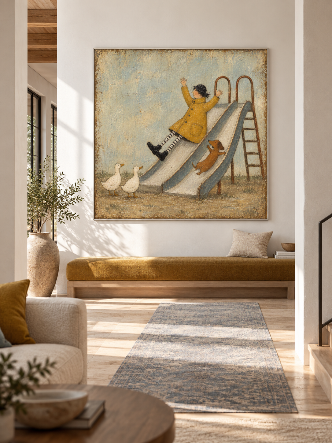 Whimsical Girl And Dog Slide Canvas Painting Hand-Painted Wall Art