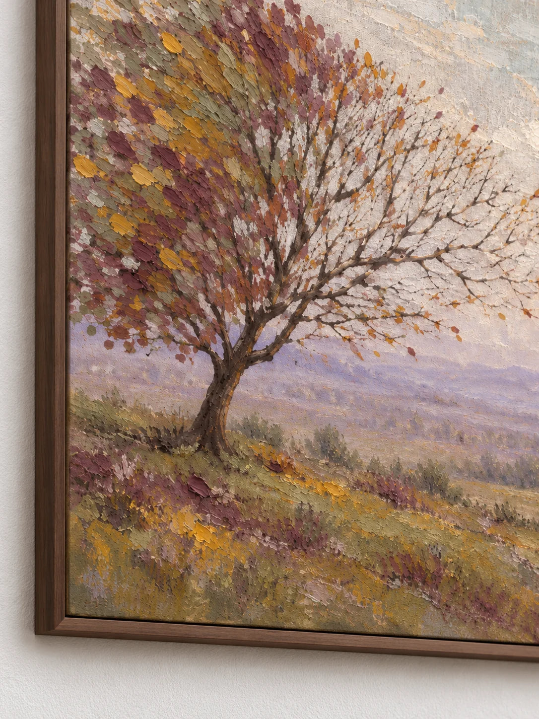 Minimalist Rural Landscape Wall Art Hand Painted Autumn Tree And Mountain Painting