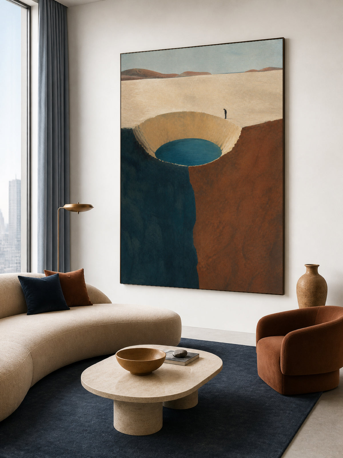 Volcanic Crater Lake Painting With Lone Explorer Hand-Painted Wall Art