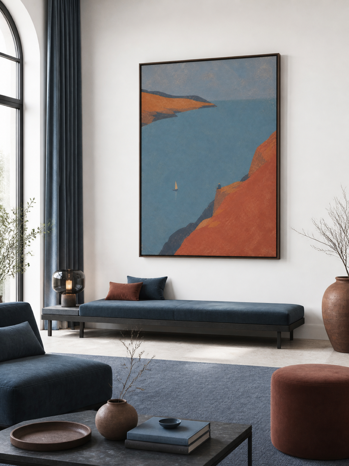 Sailboat And Seated Traveler On Terracotta Coast Hand-Painted Canvas Art