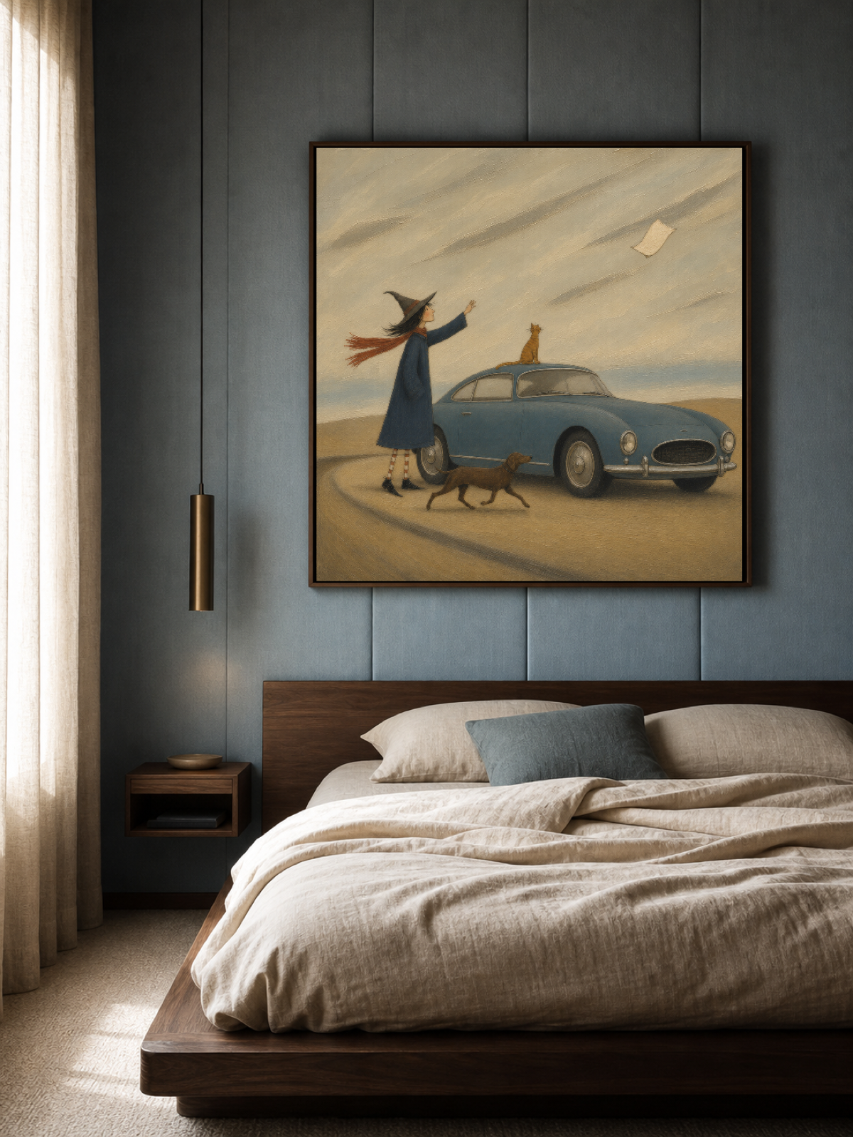 Whimsical Storybook Painting With Vintage Car And Witch For Unique Home Decor