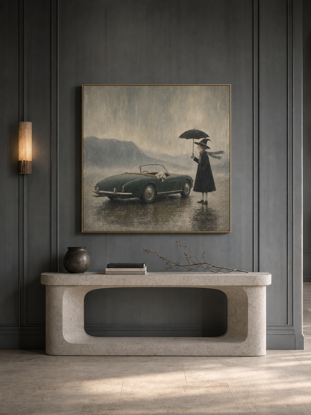 Vintage Vintage Car Oil Painting Whimsical Canvas Original Witch Oil Painting