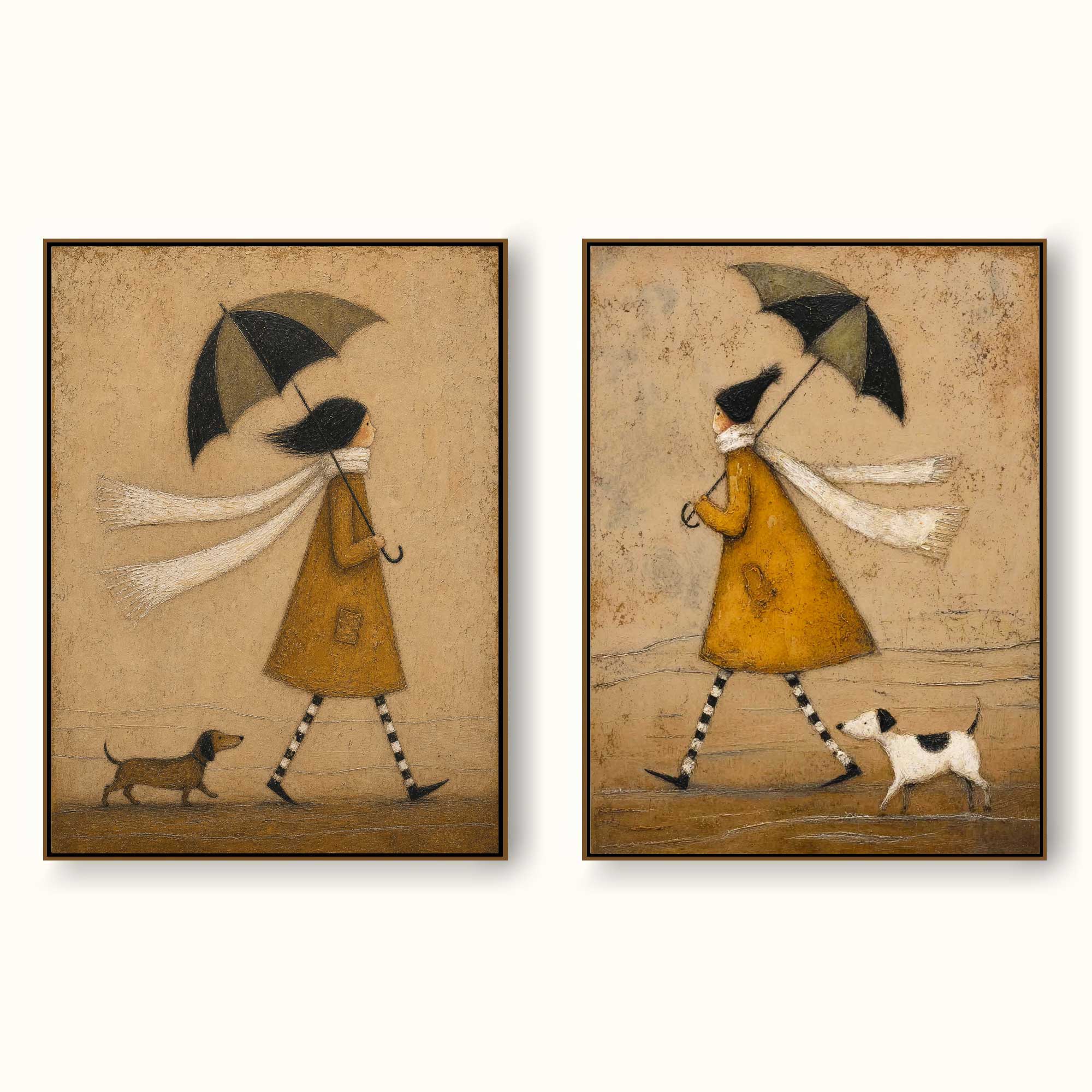Whimsical Yellow Raincoat Painting With Dog And Umbrella For Modern Entryway Decor
