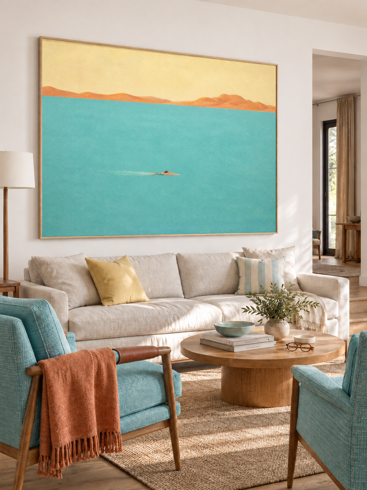 Modern Coastal Wall Art For Bedroom Room Solo Swimmer Painting Blue Beige
