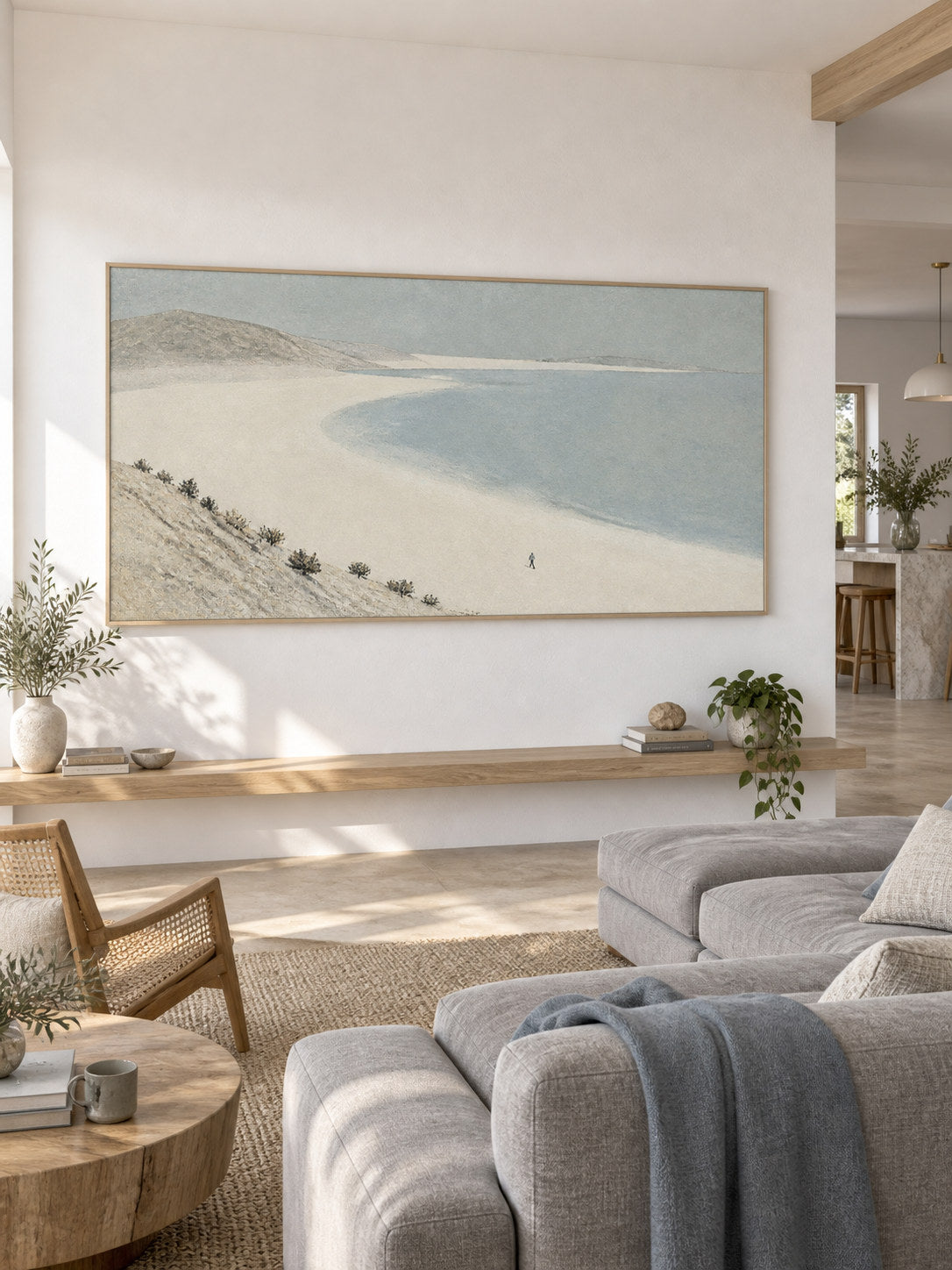 Contemporary Curved Shore Canvas Painting For Modern Coastal Bedroom Decor