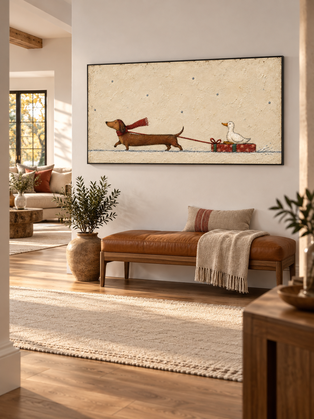 Minimalist Christmas Pet Painting Whimsical Dachshund And Duck Wall Art Canvas