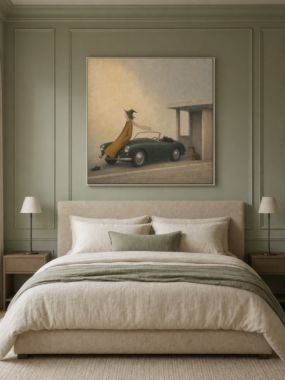 Vintage Car Painting With Woman And Pets Nostalgic Square Art For Home Decor