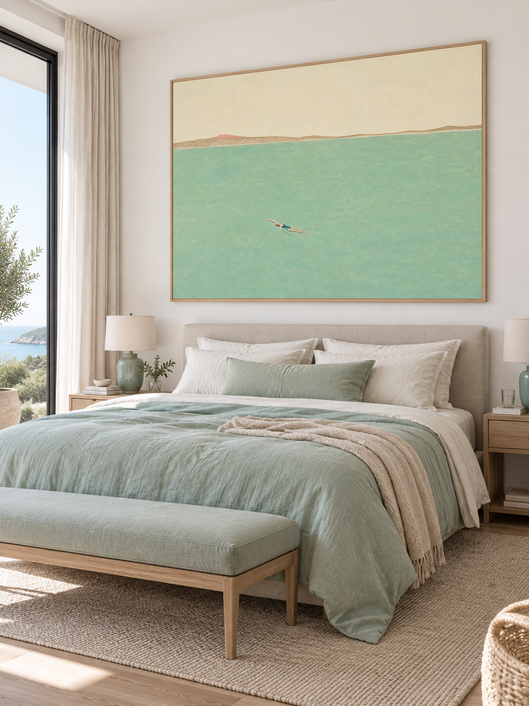 Solo Swimmer In Teal Sea Hand-Painted Canvas Wall Art For Bedroom Decor