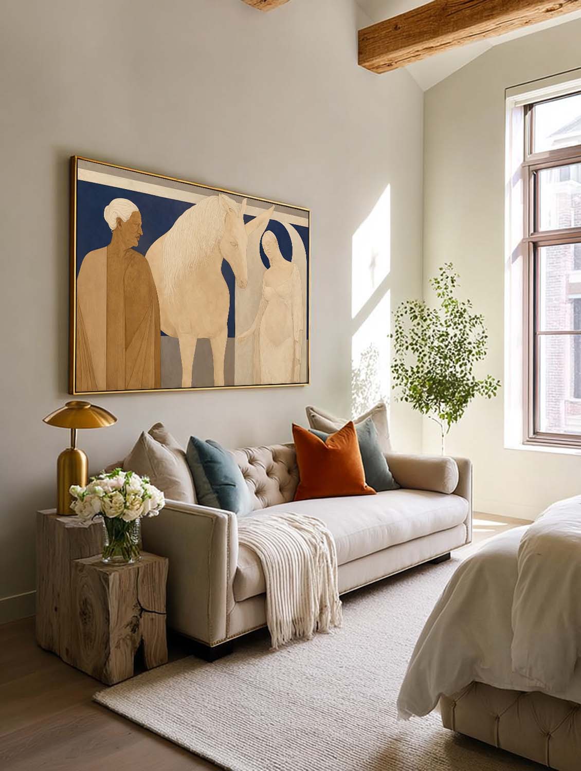 Large Horizontal Beige And Brown Abstract Figure Painting For Modern Living Room