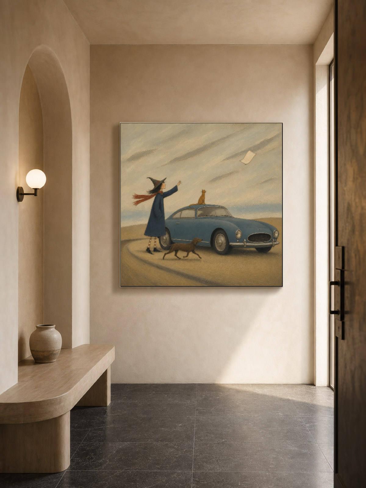 Whimsical Storybook Painting With Vintage Car And Witch For Unique Home Decor
