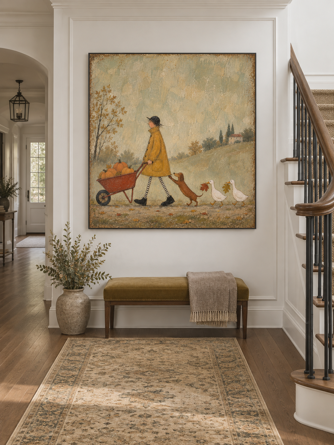 Autumn Harvest Canvas Art With Dog Ducks And Pumpkins For Kids Room Decor