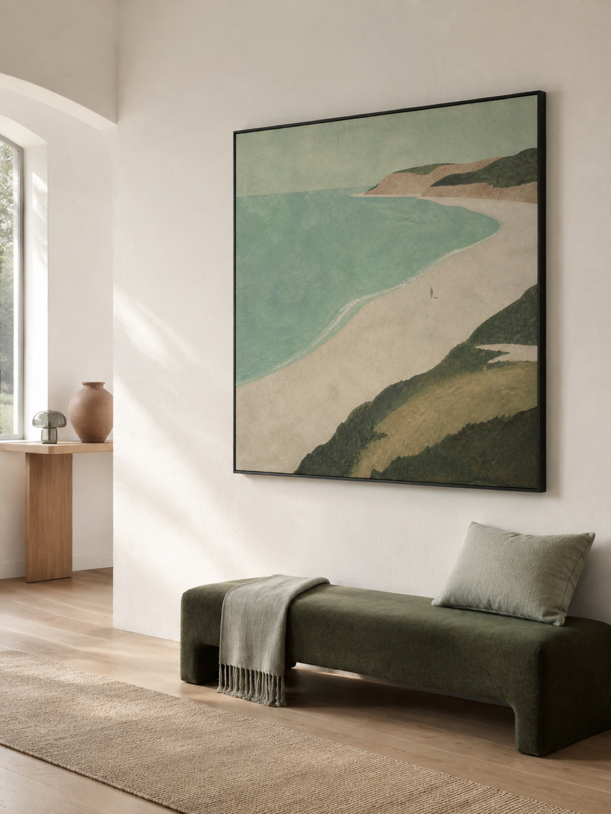 Vintage Minimalist Beach Scene Original Canvas Art With Solitary Figure And Curved Shore