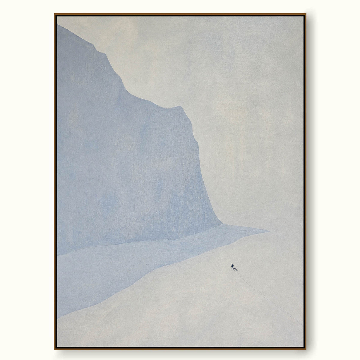Minimalist Blue Ice Cliff Canvas Art With Lone Traveler For Bedroom Decor