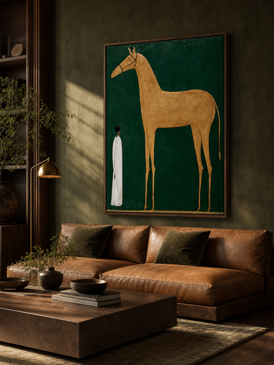 Vintage Minimalist Horse Painting With Figure In Green And Beige For Modern Living Room Decor
