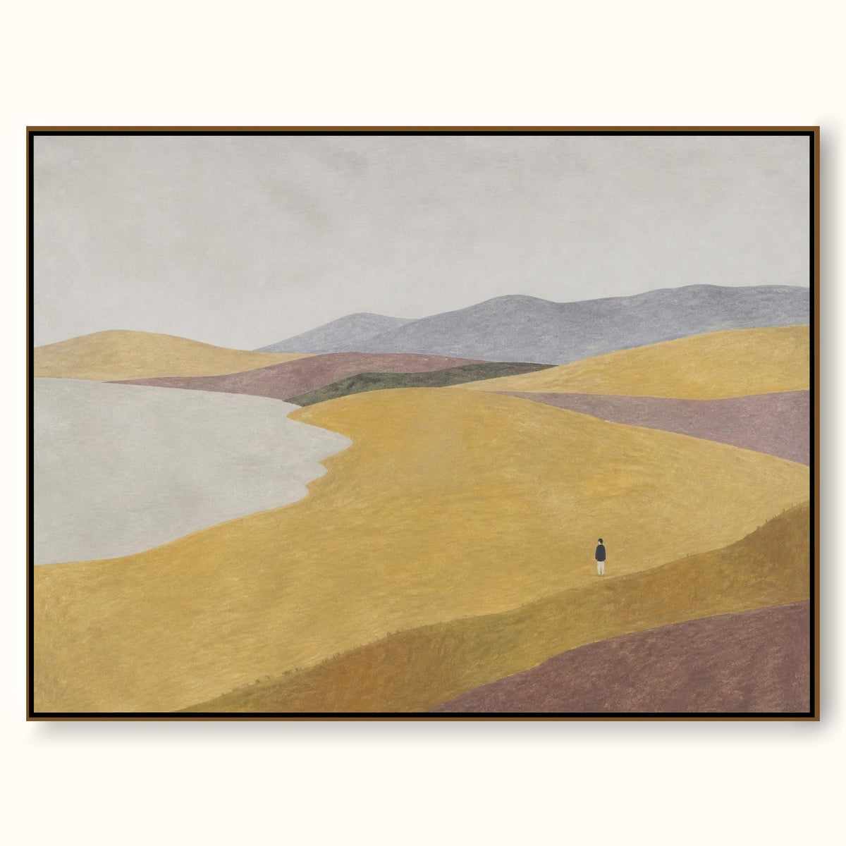 Neutral Golden Hill Canvas Art With Lone Figure For Contemporary Bedroom Decor