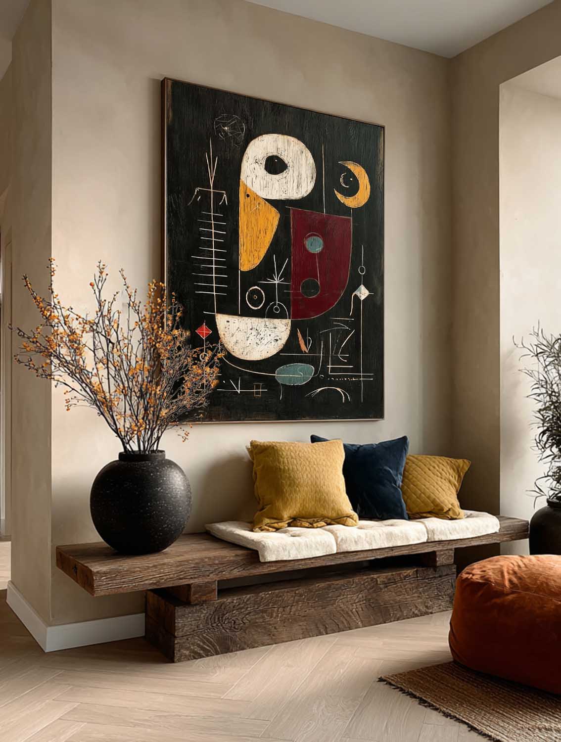 Tall Vertical Abstract Painting With Bold Geometric Shapes And Red Accents