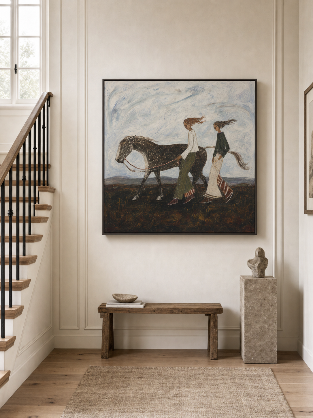 Hand Painted Folk Art Horse Painting With People In Earthy Tones For Living Room Decor