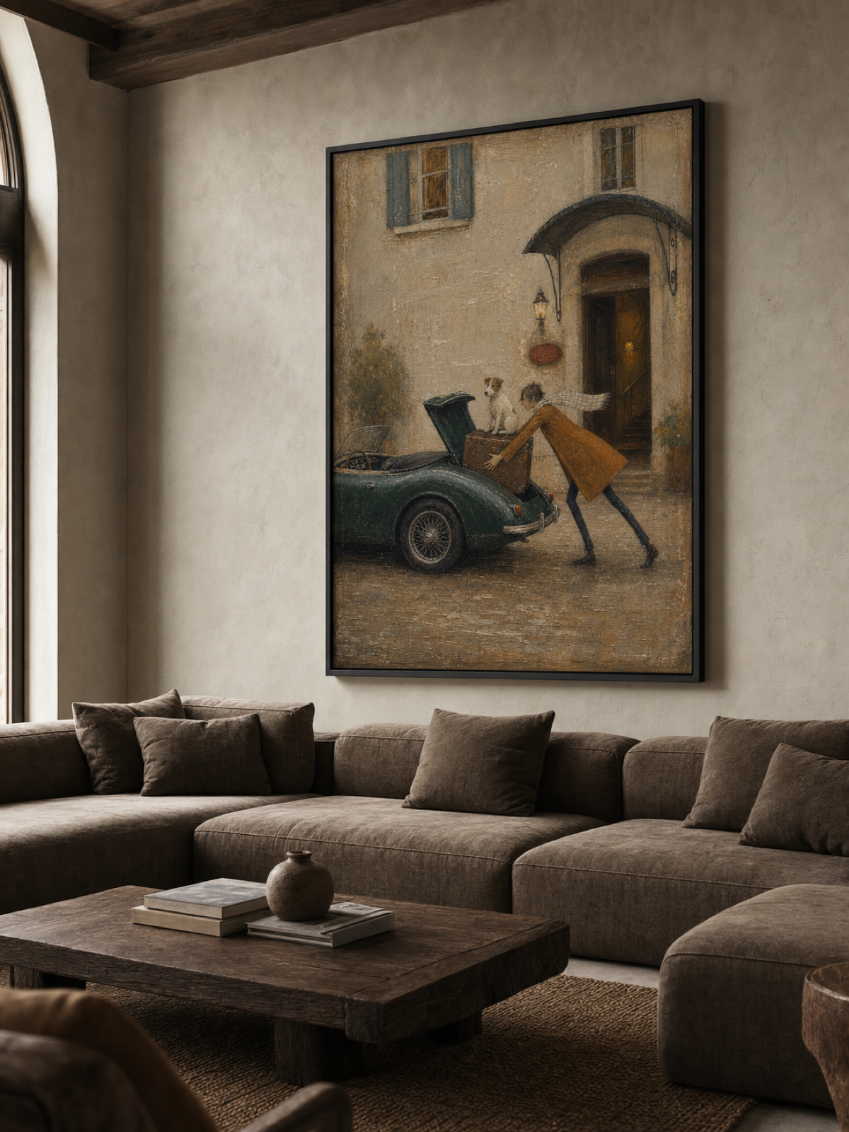 Vintage Pet Art Painting With Classic Car For Home Decor