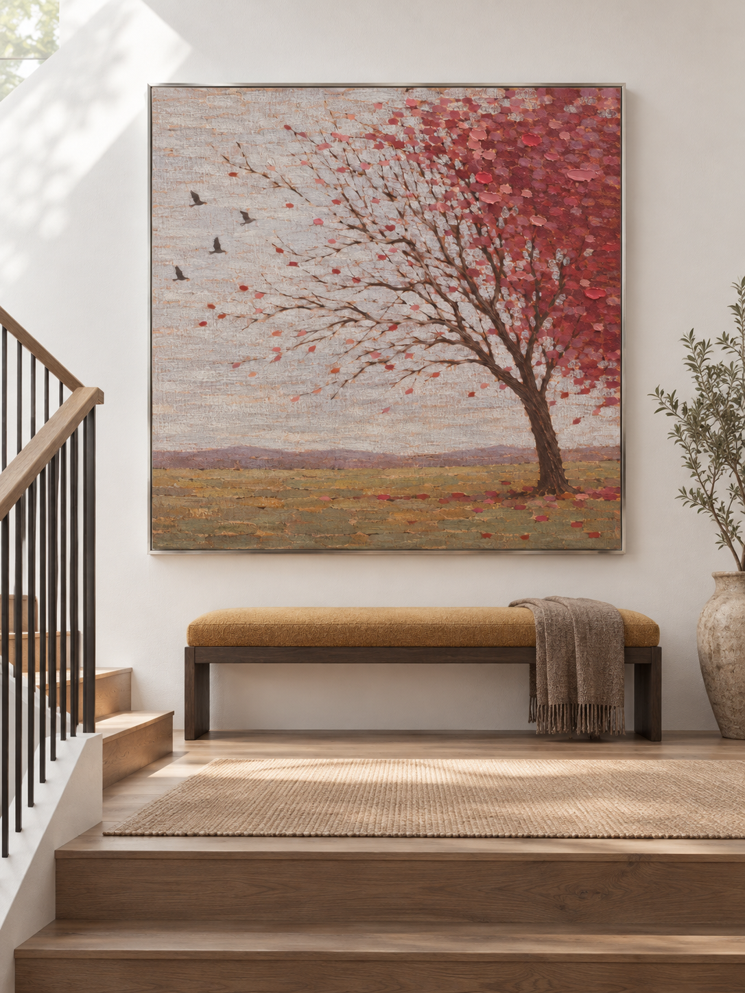 Hand Painted Autumn Tree Wall Art Large Blush Pink Rural Landscape Artwork Painting