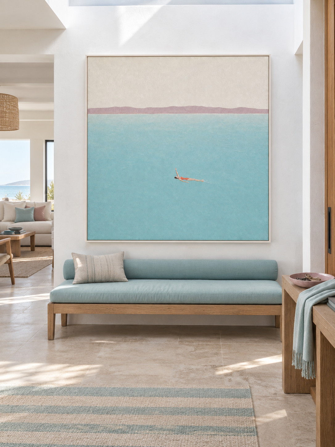 Woman Backstroke Swimming Across Turquoise Open Water Hand Painted Wall Art