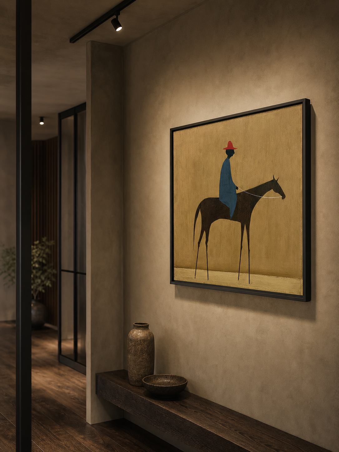 Modern Figurative Oil Painting Of Rider And Horse With Textured Beige Background For Living Room