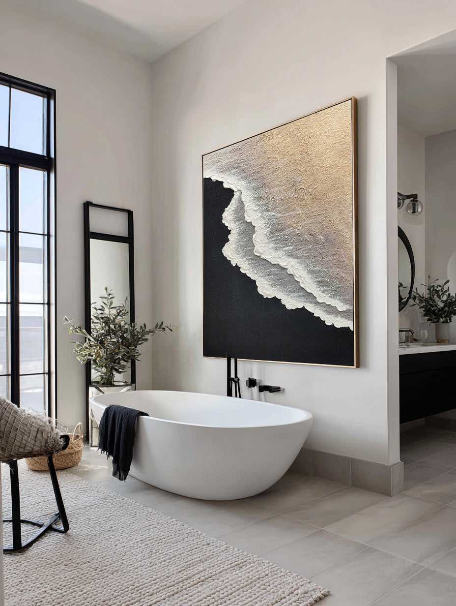 Minimalist 3d Ocean Waves Painting Original Black And White Ocean Beach Painting