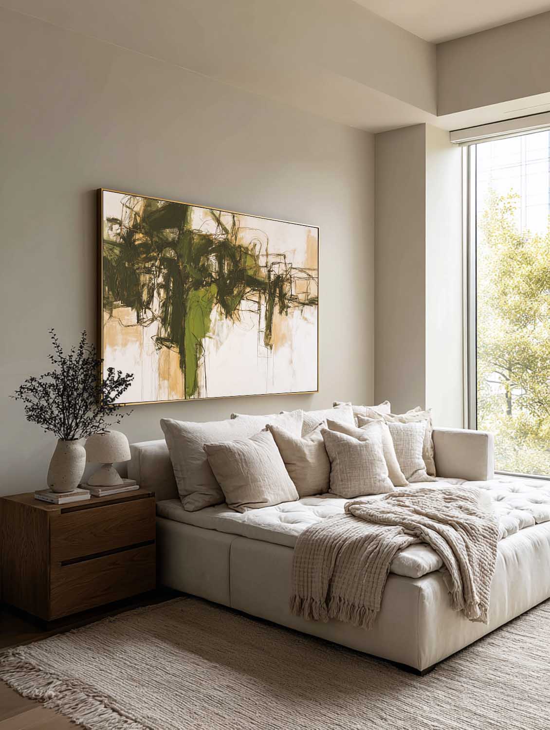 Handmade Horizontal Olive Green Abstract Canvas Art Minimalist Horizontal Green Abstract Oil Painting