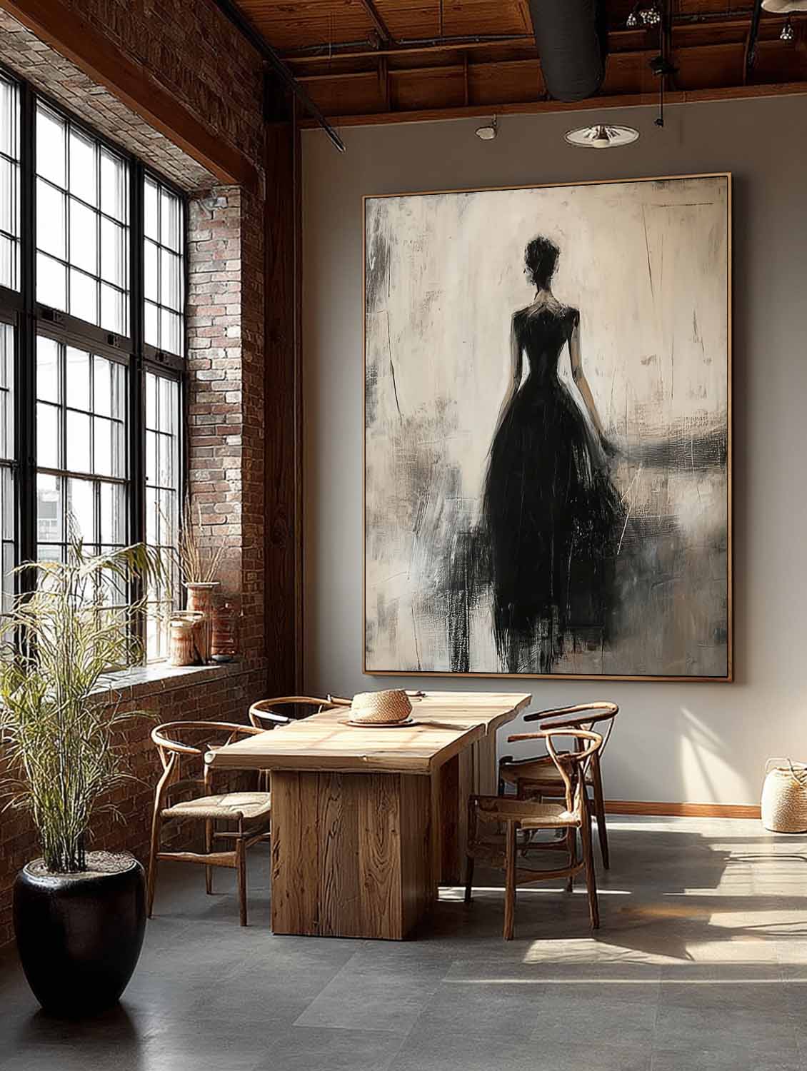 Contemporary Lady Painting In Black Dress Black Wabi-Sabi Abstract Painting Beige And Black Lady Canvas Art