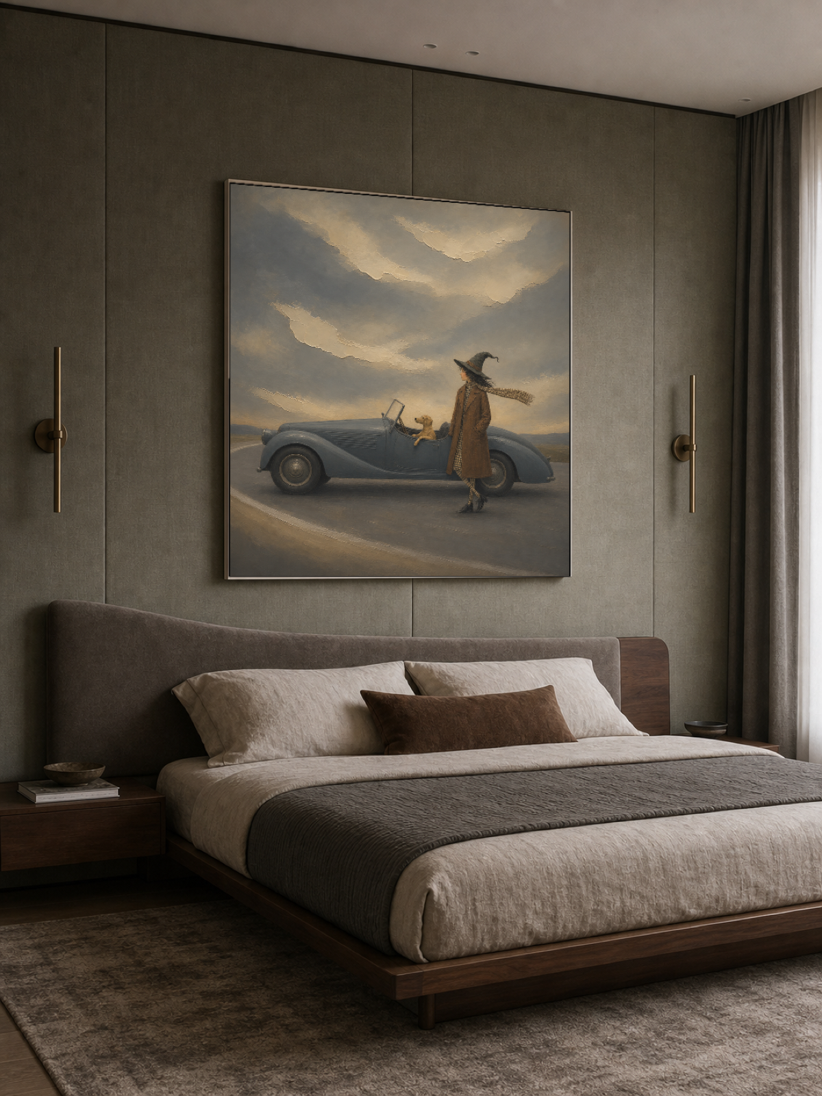 Dreamy Witch Travel Painting With Vintage Car And Dog In Surreal Landscape Art