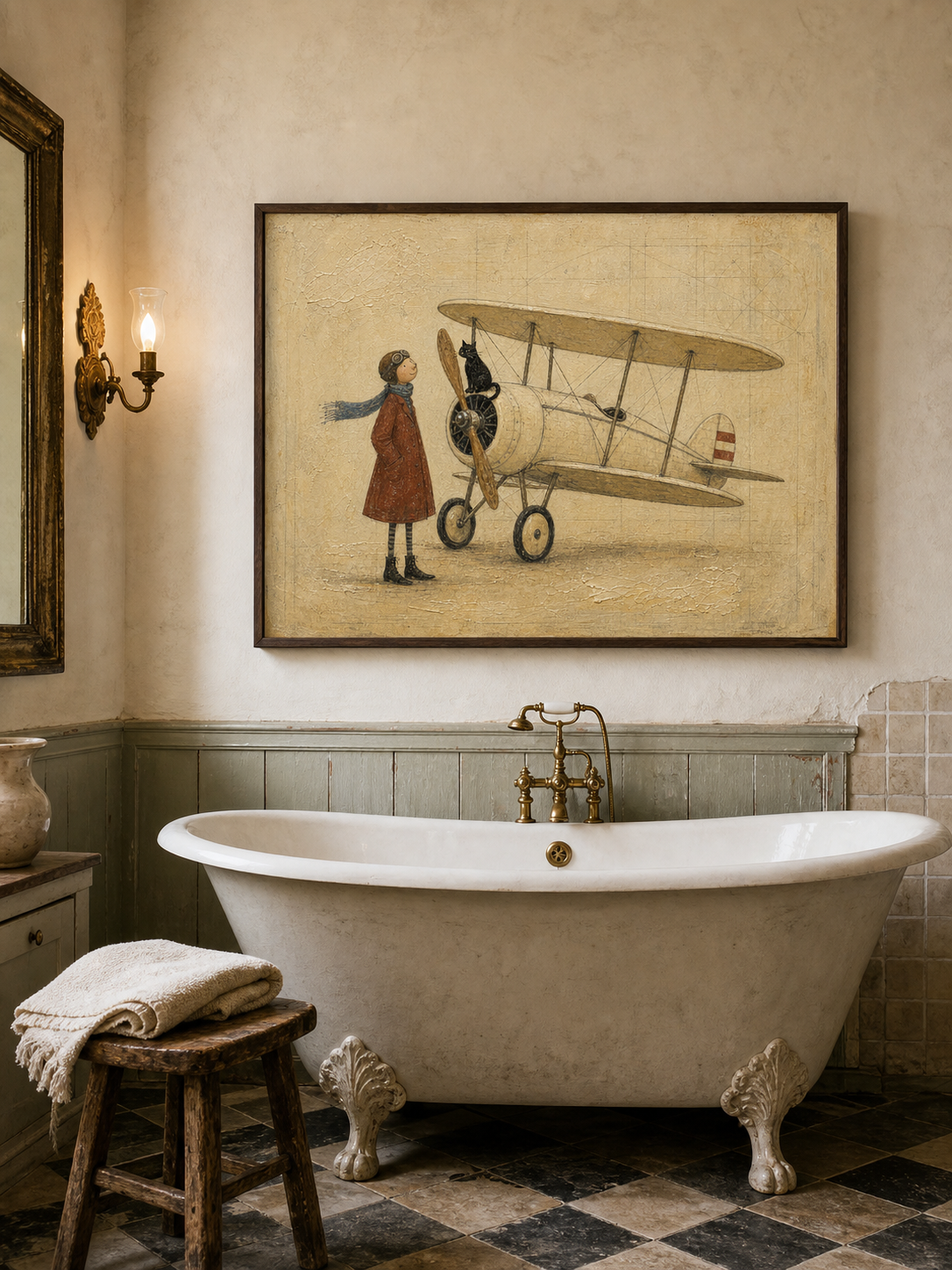 Vintage Pilot Painting With Biplane And Cat For Retro Home Decor