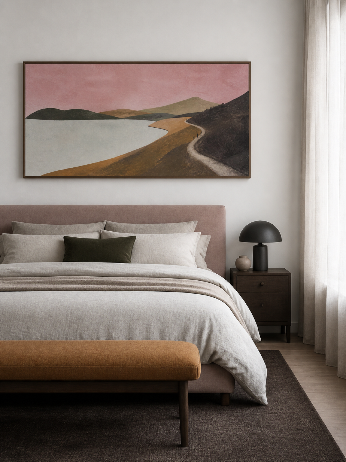 Minimalist Mountain Lake Painting With Tiny Travelers In Pink Sky Hand-Painted Canvas Art