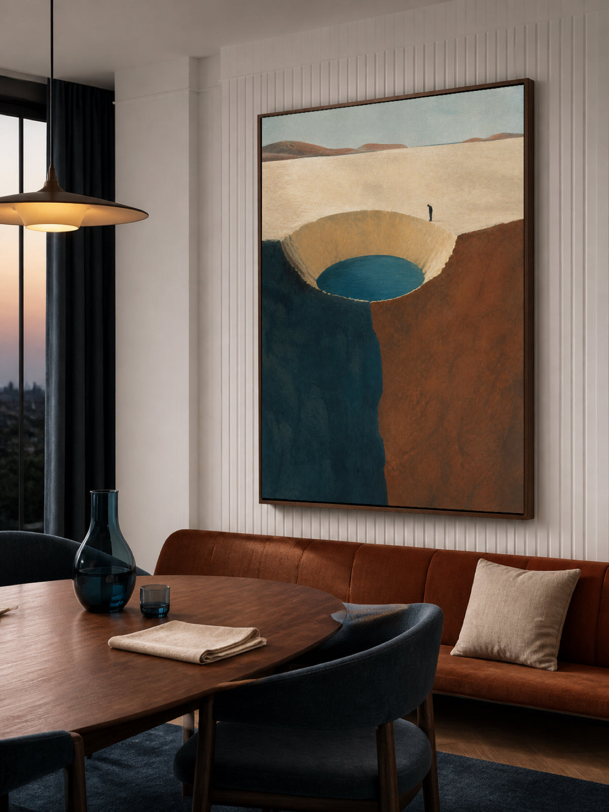 Volcanic Crater Lake Painting With Lone Explorer Hand-Painted Wall Art