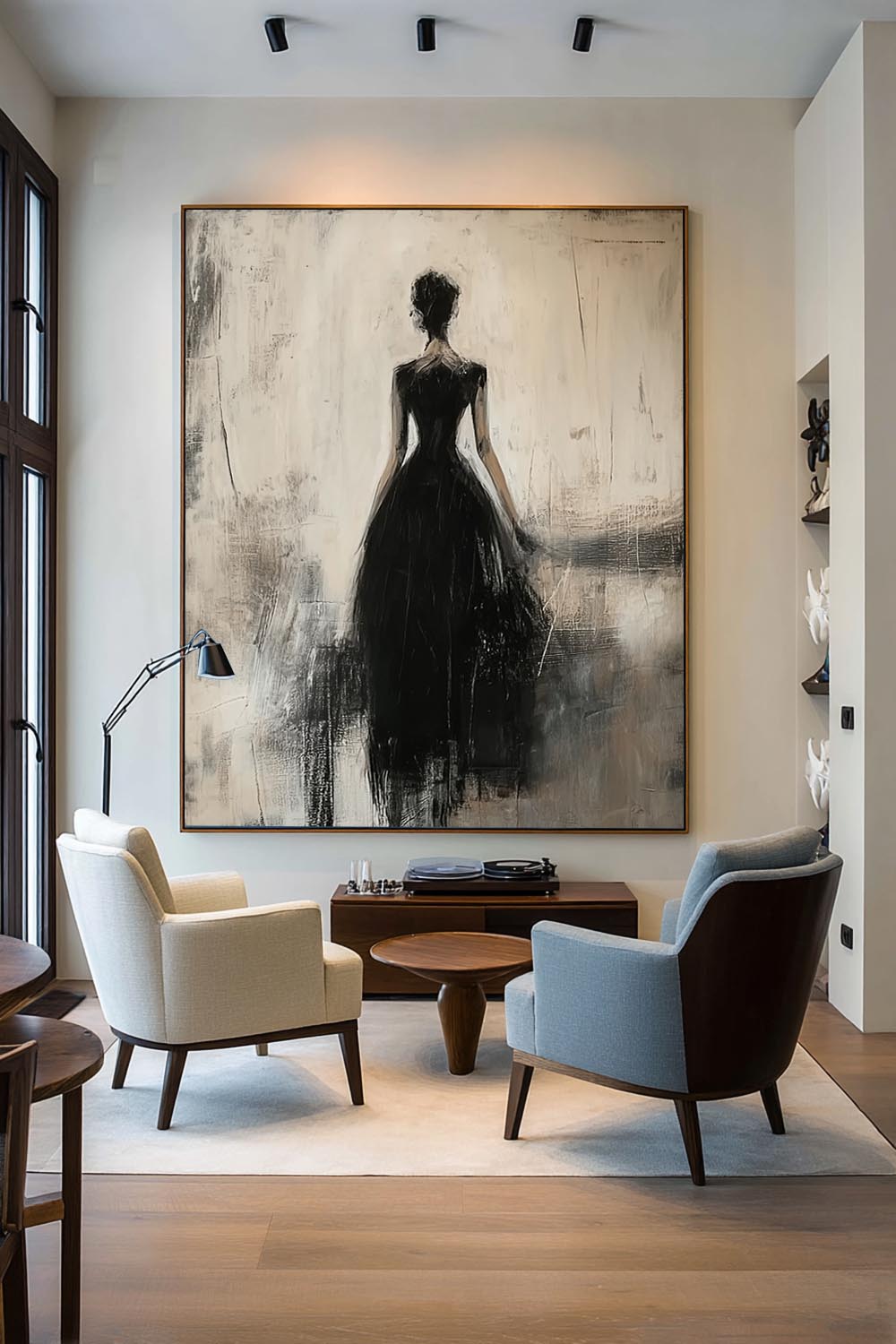Contemporary Lady Painting In Black Dress Black Wabi-Sabi Abstract Painting Beige And Black Lady Canvas Art
