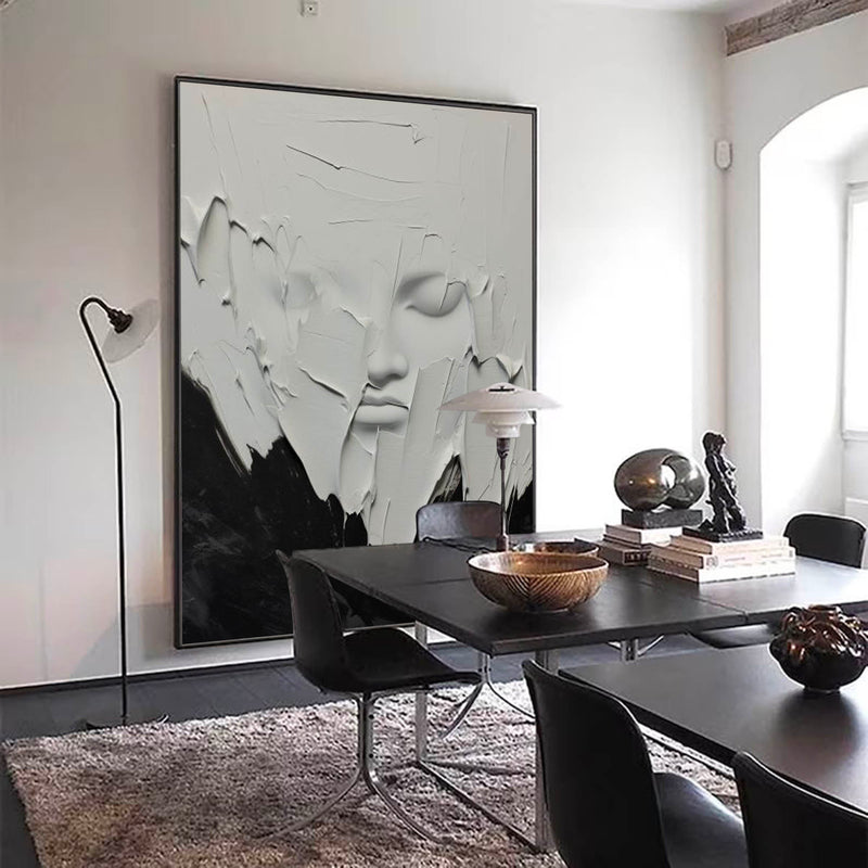 Minimalist Black And White Face Texture Painting Black And White Wabi-Sabi Wall Art