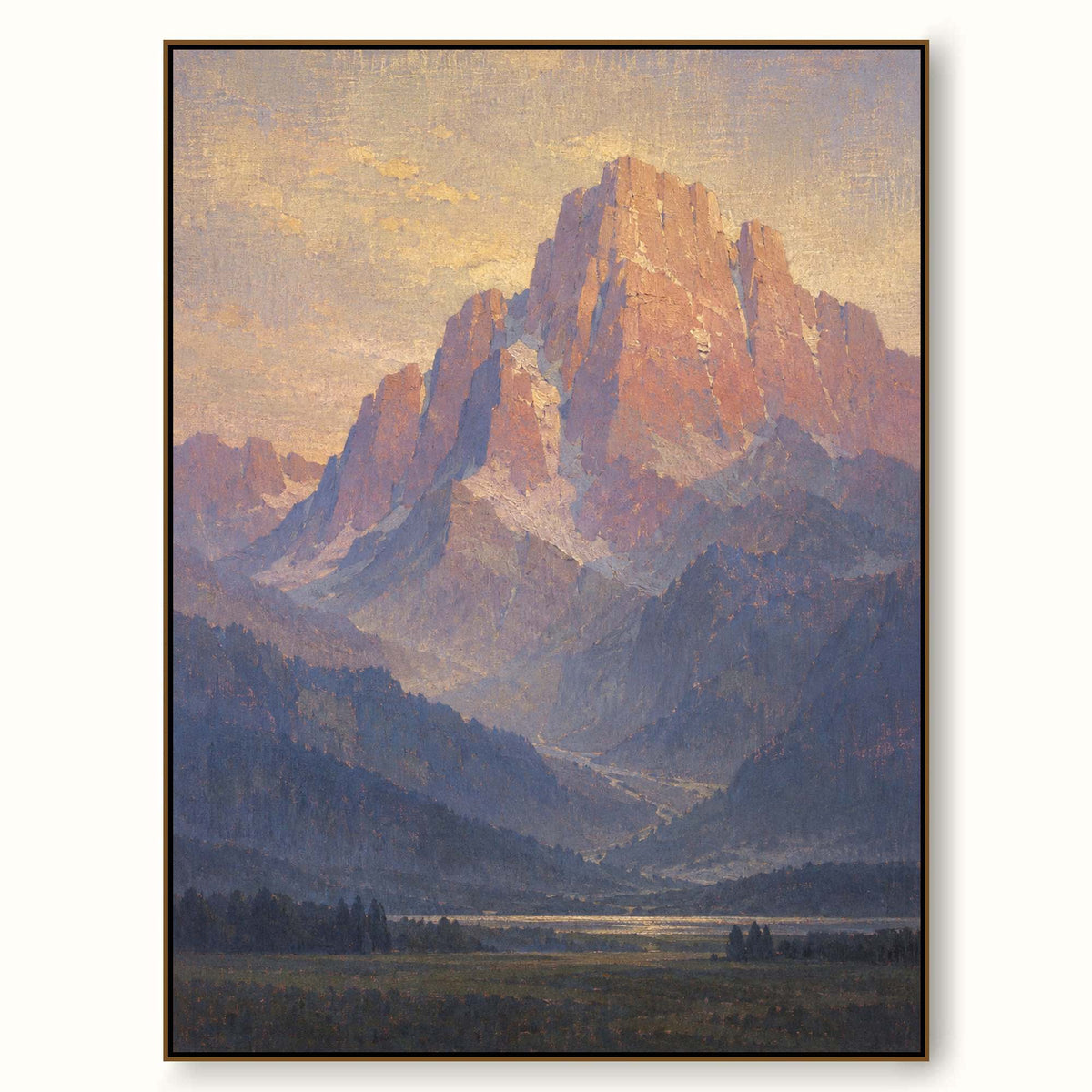 Majestic Mountain Landscape Painting Alpine Valley Nature Wall Art Sunlit Peaks Scenic Canvas Decor