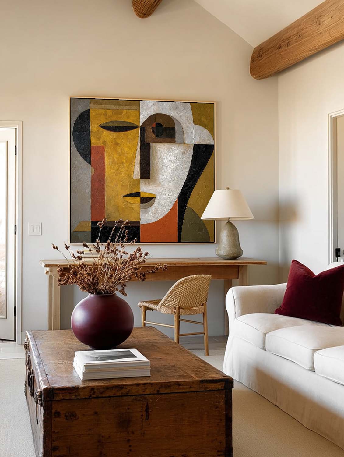 Retro Minimalist Geometric Wall Art With Earthy Tones Handcrafted Oil Painting