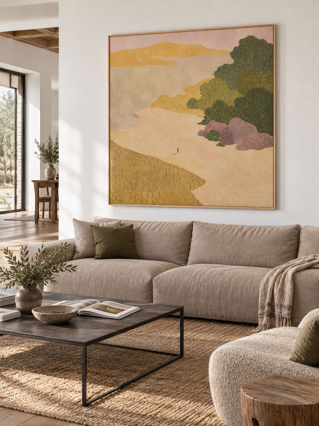 Large Hand Painted Minimalist Coastal Cove With A Tiny Figure Living Room Wall Art