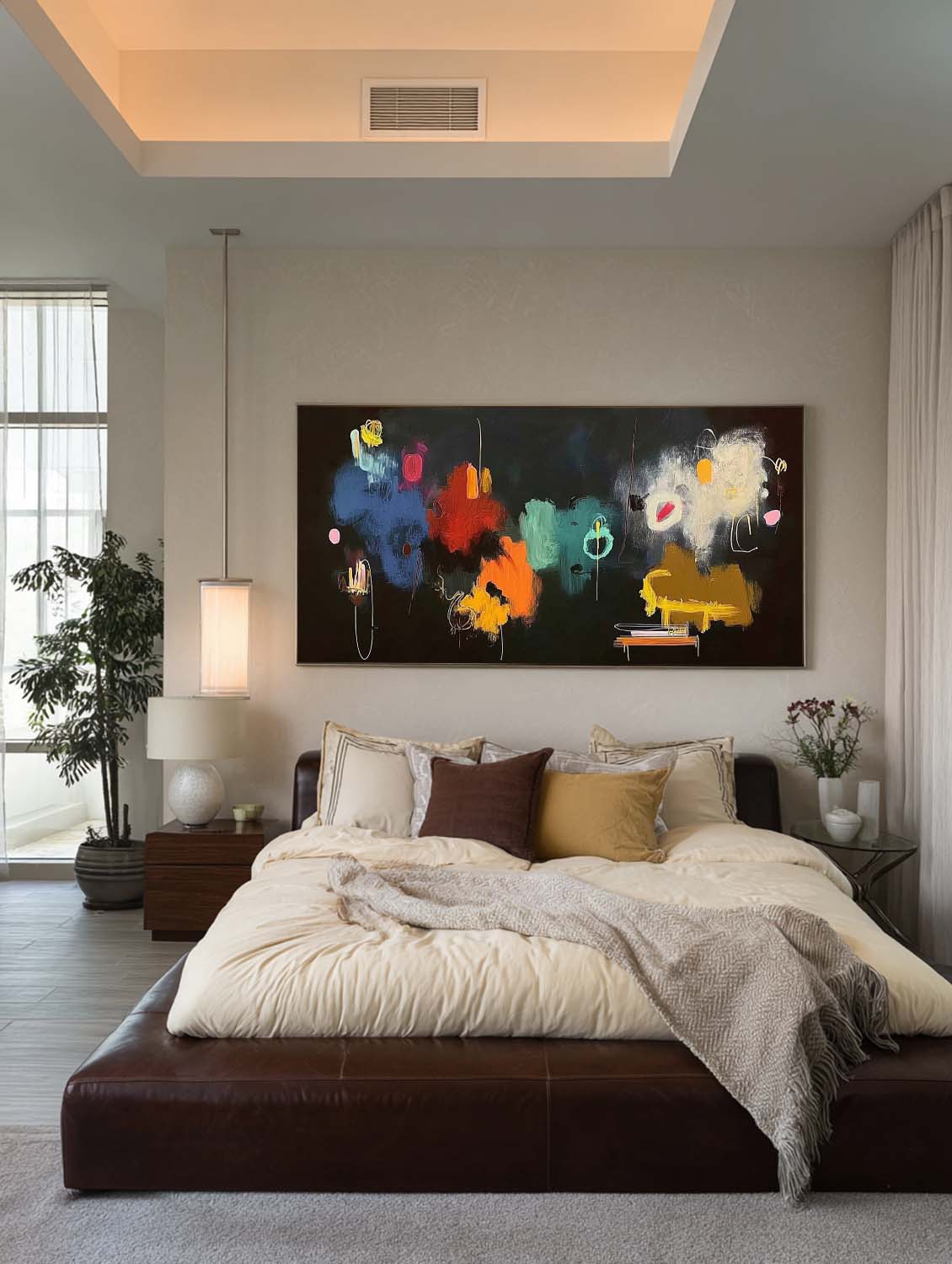 Large Horizontal Abstract Oil Painting With Vibrant Colors For Modern Living Room