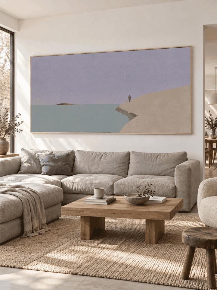 Minimalist Blue Sea And Beige Cliff Wall Art For Calm Modern Bedroom Decor