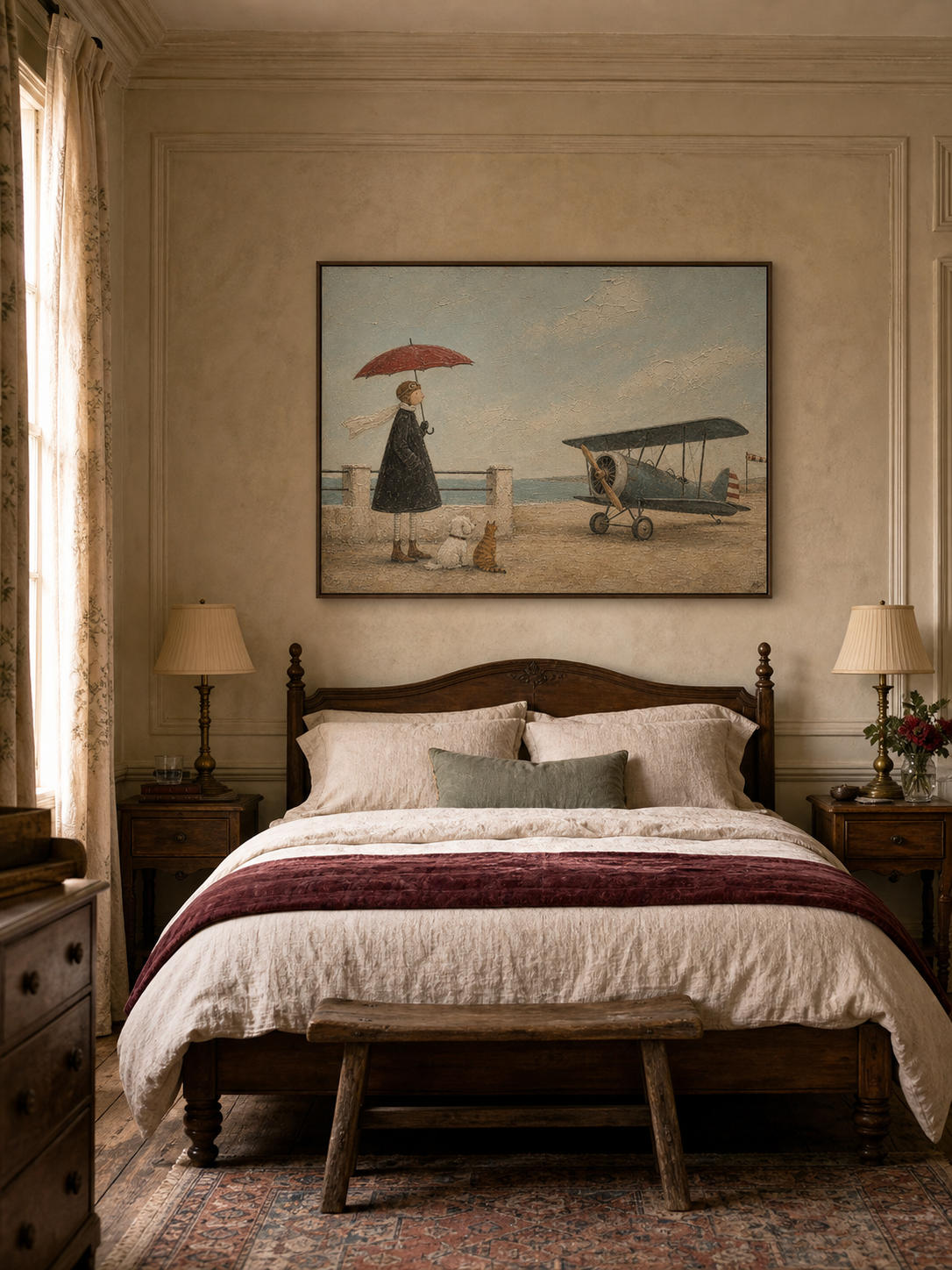 Whimsical Vintage Airplane Painting With Dog And Cat For Coastal Home Decor Art
