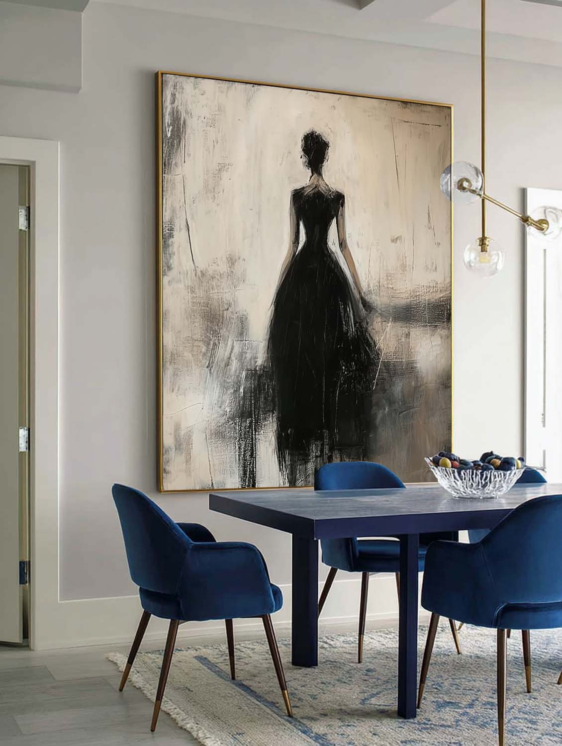 Contemporary Lady Painting In Black Dress Black Wabi-Sabi Abstract Painting Beige And Black Lady Canvas Art