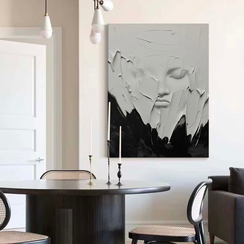 Minimalist Black And White Face Texture Painting Black And White Wabi-Sabi Wall Art