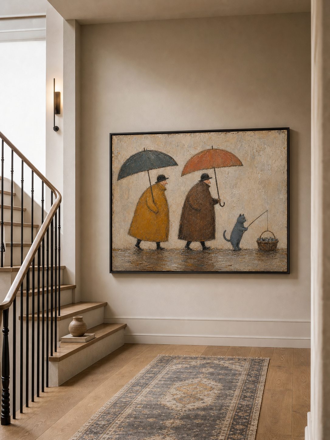 Whimsical Cat Fishing Canvas Art Umbrella Walk Vintage Rainy Oil Painting