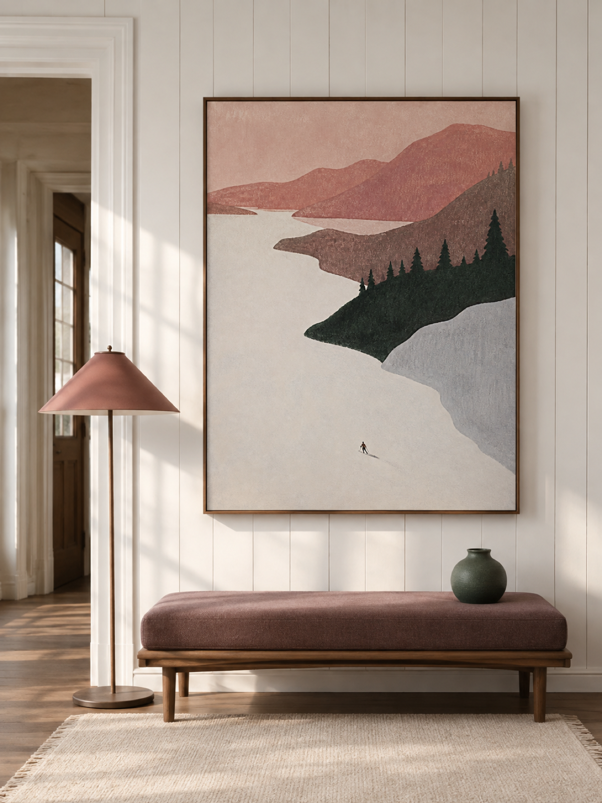 Lone Skier Crossing A Snowy Alpine Valley Contemporary Oil Painting