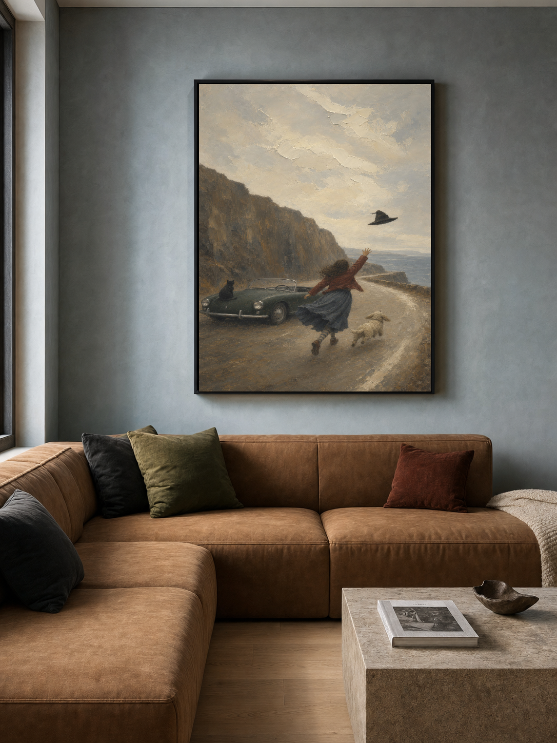 Vintage Coastal Travel Art With Pets And Classic Car For Home Decor