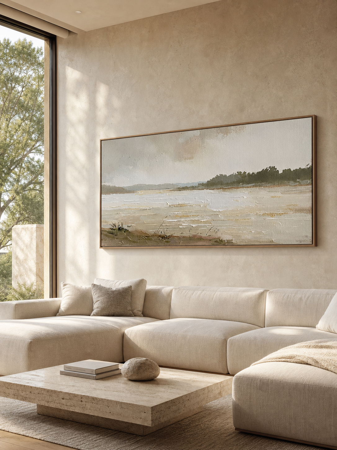 Vintage Abstract Landscape Painting With Beige And Gray Tones For Modern Home Decor