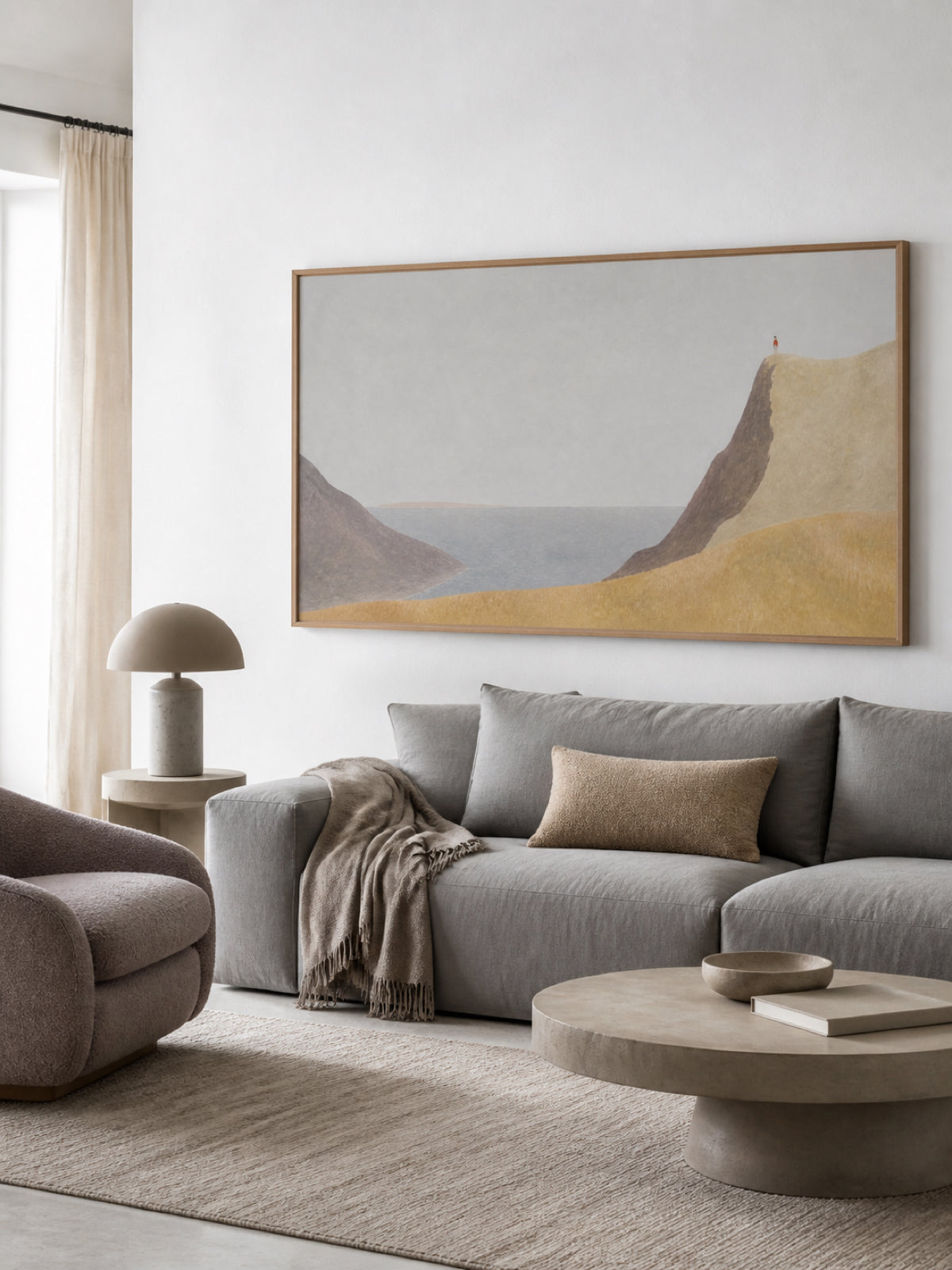 Beige Coastal Wall Art Hand Painted Minimalist Cliff Scene For Bedroom