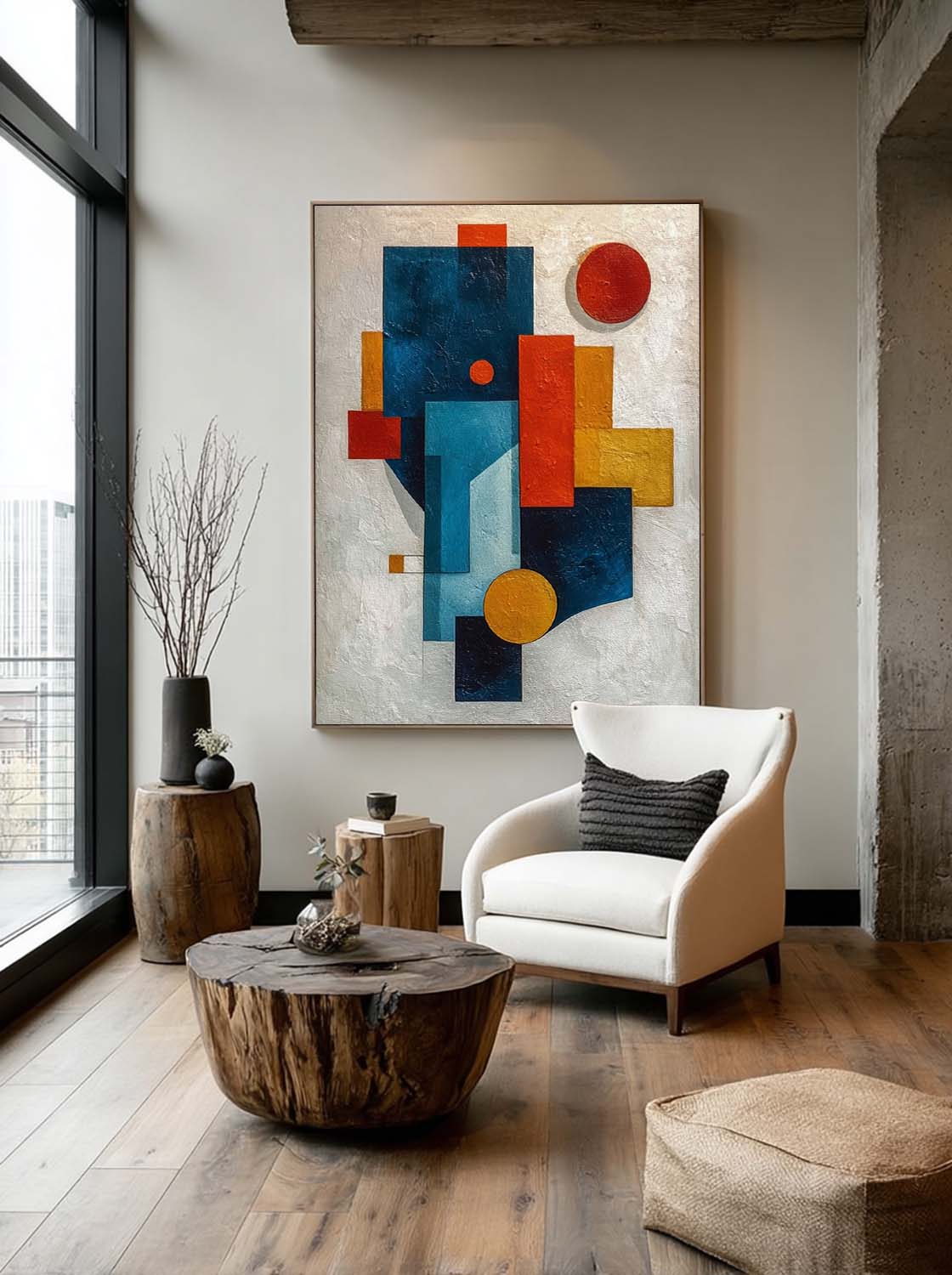 Large White And Blue Geometric Painting Original Colorful Geometric Painting Minimalist Wabi Sabi Geometric Canvas Art